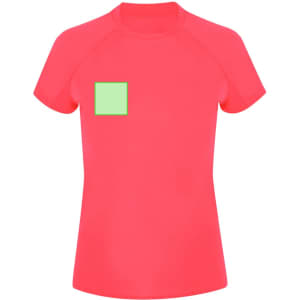 A bright pink women's T-shirt featuring a simple green square patch. The shirt has short sleeves and a fitted design.