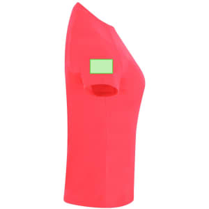 A bright pink women's t-shirt featuring a green patch on the sleeve, designed for casual wear.