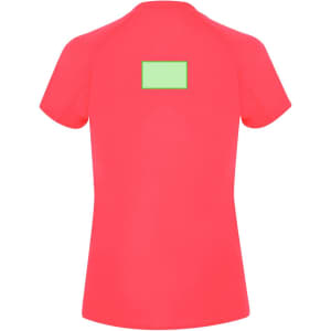 A bright pink women's T-shirt with a green logo area on the back. Short sleeves and a fitted design.