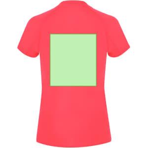 A women's T-shirt in bright pink with a green square design on the back. The shirt has short sleeves and a fitted style.
