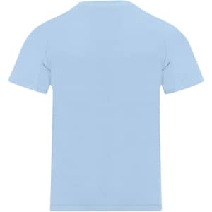 A light blue kids' T-shirt featuring a plain design and a logo on the back.