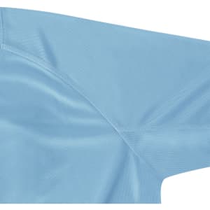A light blue t-shirt with a smooth fabric texture and a seam detail on the shoulder. Features a logo.