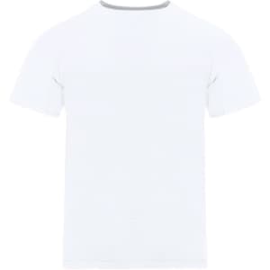 A white T-shirt featuring short sleeves and a simple design. It includes a logo on the neckline.