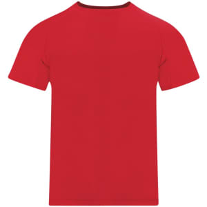 A red children's t-shirt featuring a crew neck and short sleeves, with a logo on the back.
