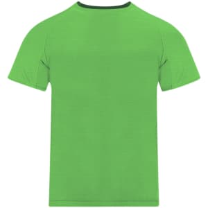 A green children's t-shirt with a simple design and a contrasting black neckline. It features a logo.