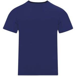 A navy blue T-shirt with a round neckline and short sleeves, featuring a branding logo.