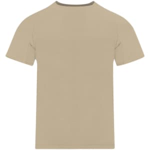 A beige kids' T-shirt with short sleeves, featuring a simple design and a small logo on the side.