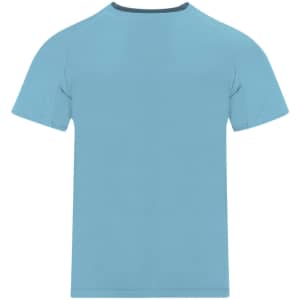 A light blue children's T-shirt with a simple design and a logo on the back.