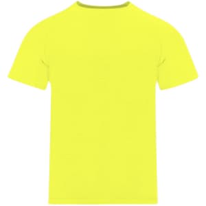 A bright yellow kids' T-shirt featuring a crew neck design and a logo on the back.