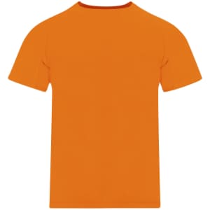 An orange T-shirt with a round neck and short sleeves, featuring a logo on the front.