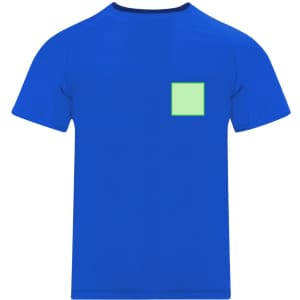 A blue T-shirt featuring a small green square logo on the back.