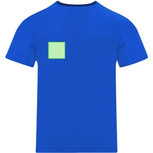 A blue T-shirt featuring a small green square on the front and a logo on the side.