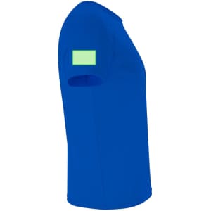 A blue Cocker Kids T-Shirt with a green square on the sleeve, featuring a plain design.