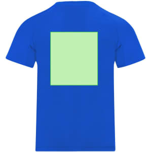 A blue children's T-shirt featuring a large green square on the back and a logo on the front.