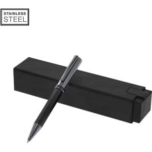A stainless steel metal pen in sleek black with a matching black box. Features a logo on the box.
