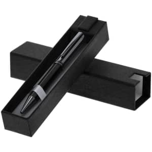 A black metal pen displayed in a black presentation box, featuring a sleek design with a branding logo.