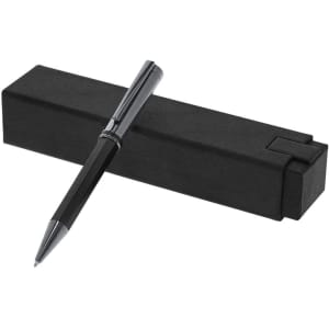 A sleek black metal pen rests atop a black presentation box, featuring a minimalist design.