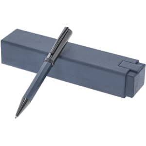 A metal pen in dark grey resting on a dark grey case, featuring a sleek design and a logo.