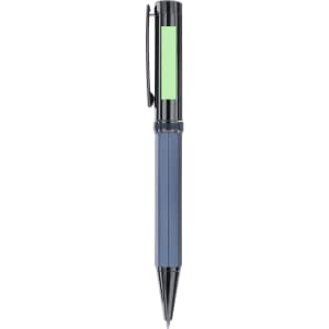A metal pen in shades of blue and black, featuring a green accent and a clip for attachment.