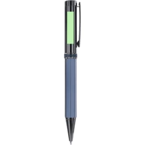 A metal pen featuring a blue body, a green highlight, and a clip for easy attachment. It includes a logo on the side.