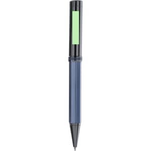 A metal pen in blue and black with a green transparent section and a logo on the barrel.