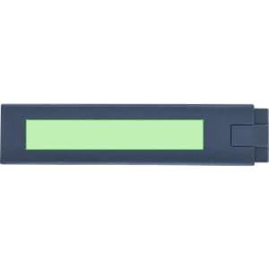 A metal pen in navy blue with a green accent. The pen features a rectangular design and has a logo.