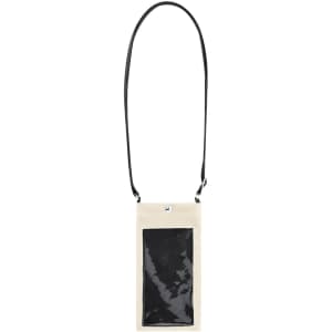 A beige multipurpose bag with a clear front pocket and a black strap for easy carrying, featuring a logo.