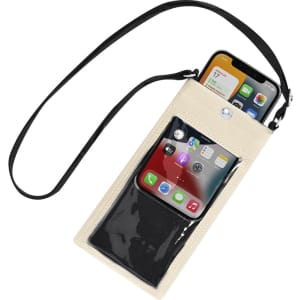 A cream multipurpose bag with a clear front pocket and a black bottom, featuring a black strap and holding a smartphone inside.