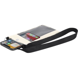 A multipurpose bag in cream, featuring a clear front for a phone and a black strap for carrying.