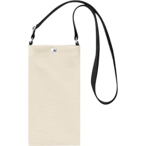 A cream multipurpose bag with a black strap, featuring a snap button fastening and a simple design.