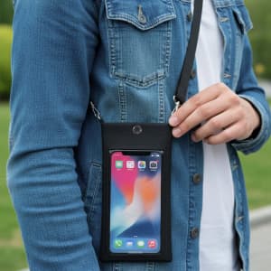 A black multipurpose bag hangs from a person's neck, displaying a smartphone through a clear front pocket.
