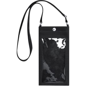 A black multipurpose bag with a transparent front pocket and an adjustable strap. It includes a logo on the surface.
