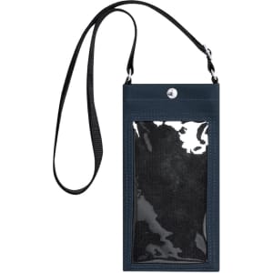 A navy multipurpose bag with a transparent front panel, featuring a detachable strap for easy carrying.