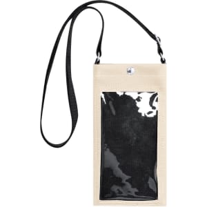 A beige multipurpose bag with a transparent front pocket and a black strap for easy carrying.