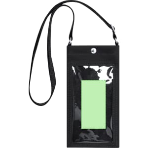 A black multipurpose bag with a transparent front pocket and a long strap. It features a grey logo.