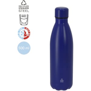A drink bottle in navy blue, made of recycled stainless steel with a double wall design, featuring a logo.