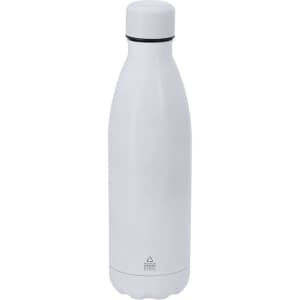 A drink bottle in white with a sleek design and a cap. It features branding on the body.