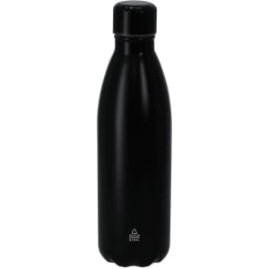 A drink bottle made of stainless steel, featuring a sleek black finish and a branded logo.