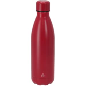 A drink bottle in a vibrant red colour with a sleek, insulated design and a secure cap. It features branding on the surface.