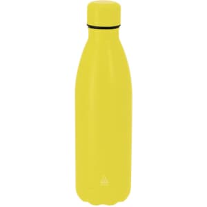 A drink bottle in vibrant yellow, featuring a sleek design and a secure top. It has a branding logo.