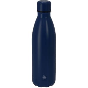 A drink bottle in navy blue, made from insulated stainless steel, featuring a logo on the side.