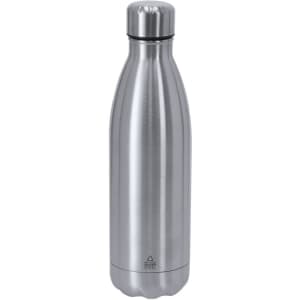 A drink bottle in a sleek stainless steel design with a shiny silver finish and a branded logo.