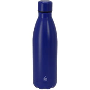 A drink bottle in a sleek, dark blue colour with a stainless steel design and a fitted lid. Features a logo at the base.