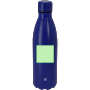 A drink bottle in deep blue with a sleek design and a branding logo. The bottle has a smooth finish.