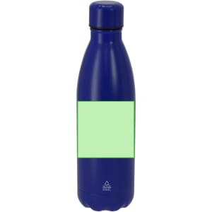 A drink bottle with a sleek navy blue finish and a blank area for customisation. It has a logo at the base.