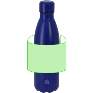 A drink bottle in a deep blue colour with a sleek design and a logo. It has a screw-top lid and an insulated body.