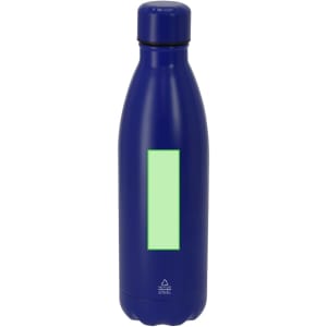 A drink bottle in navy blue with a sleek design and a logo. It features a bright green section on the front.