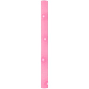 A pink glow stick with a smooth surface and circular indents, featuring a logo.