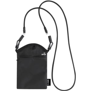 A black multipurpose bag with an RFID feature, featuring a removable strap and a zippered pocket.
