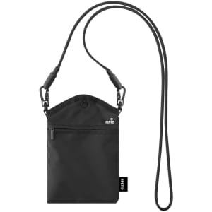 A black multipurpose bag with an adjustable strap and RFID protection, featuring a zipper pocket and a logo.